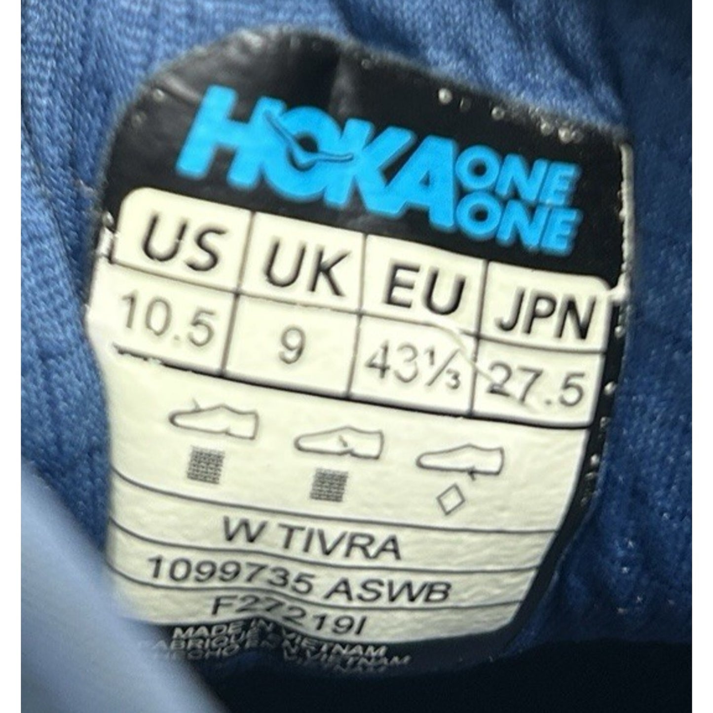 Hoka One One Sneakers Womens 10.5 Tivra 1099735 ASWB Blue Running Gym Shoes