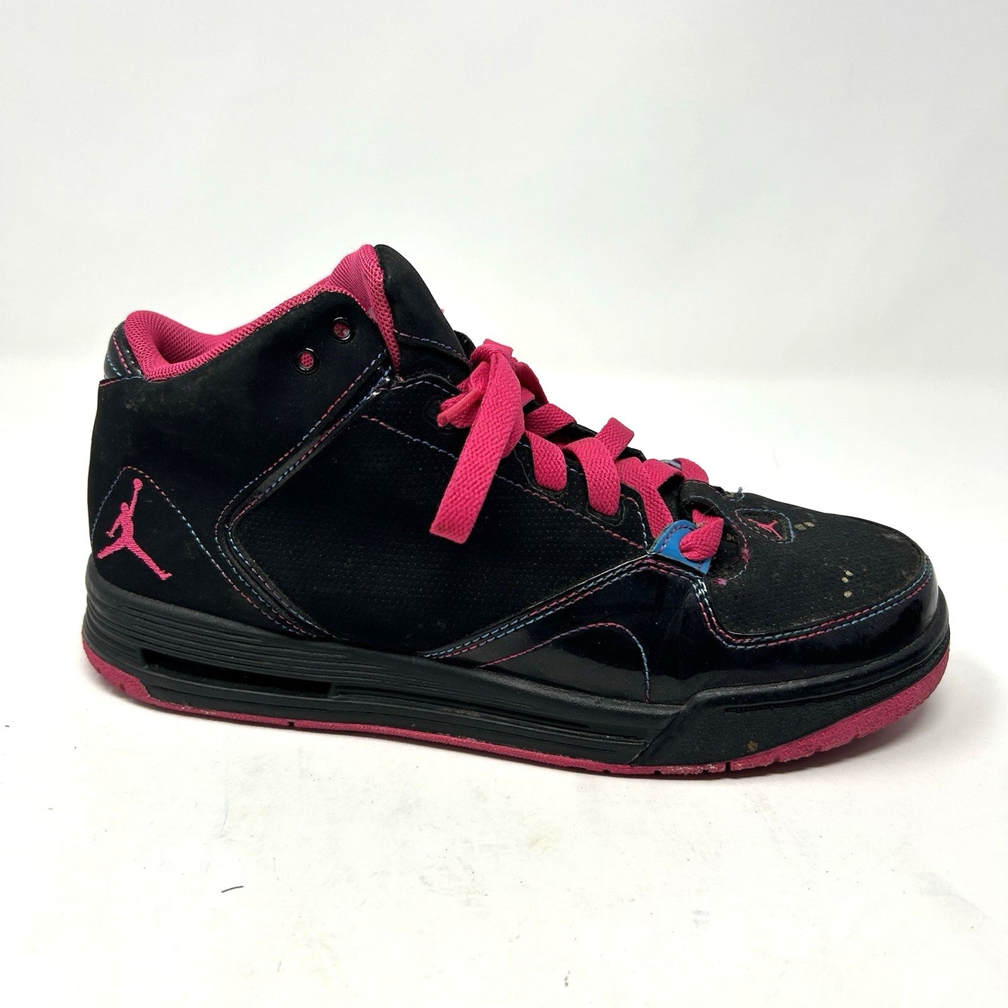 JORDAN FLIGHT MID 2012 AS YOU GO PINK BLACK TEAL PATENT 517629-029. Size 6.5Y