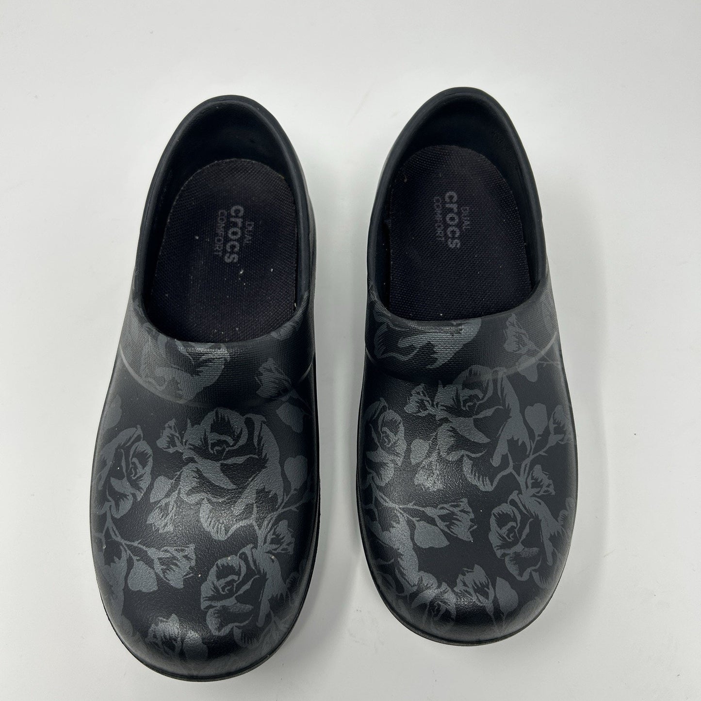 Crocs Neria Pro II Womens Clogs Black Graphic Metallic Floral Rose Nurse Size 4